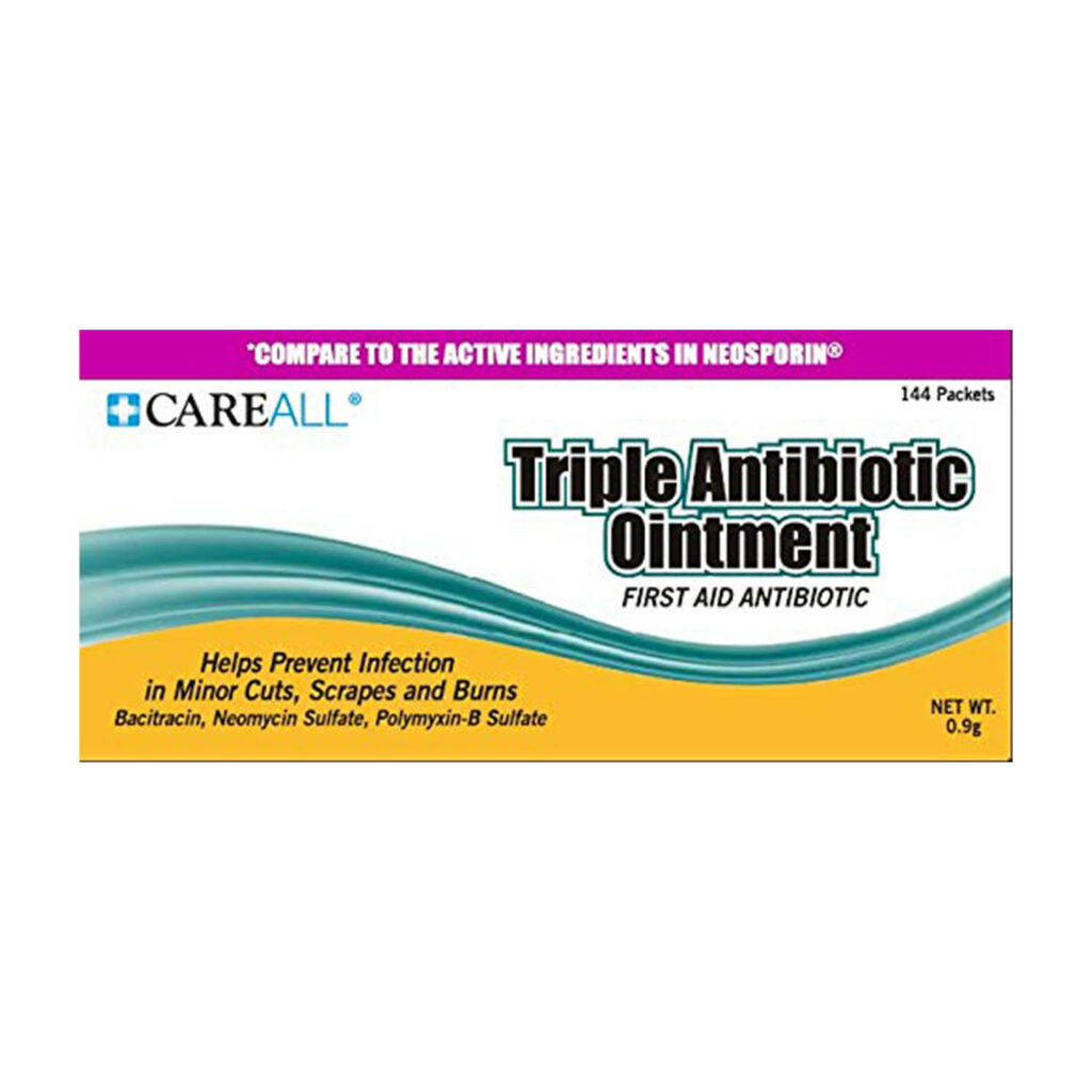 Box of Care All Triple Antibiotic ointment, comes with 144 packets weighing .9 grams each