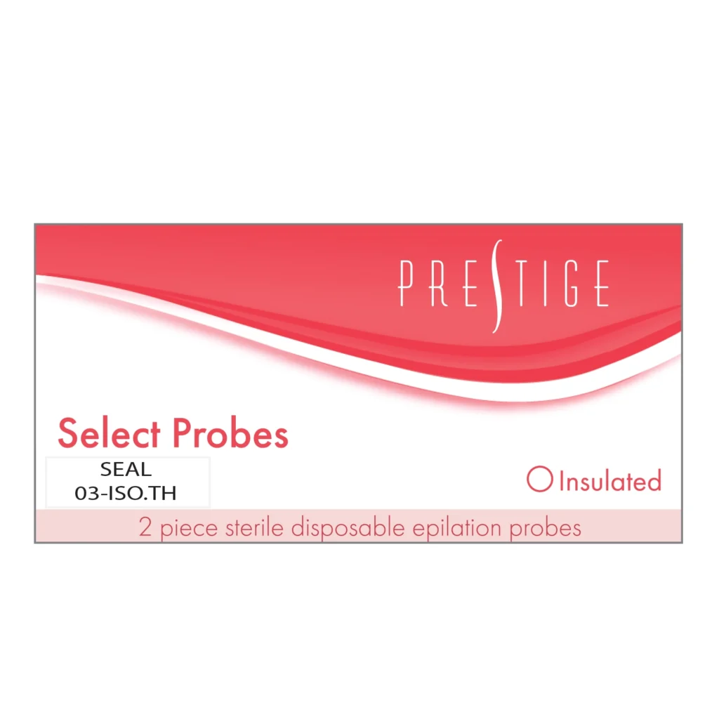 Packaging for Prestige Select Probes: two-piece, sterile disposable epilation probes with red wave design and bold pink headings.
