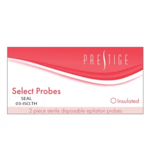 Packaging for Prestige Select Probes: two-piece, sterile disposable epilation probes with red wave design and bold pink headings.
