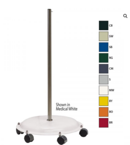 Mobile medical pole stand on a white wheeled base with a vertical stainless steel rod; color legend on the right and note 'Shown in Medical White'