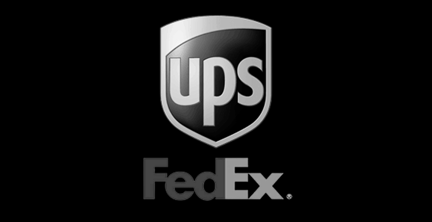 UPS shield logo with the FedEx wordmark beneath on a black background, both in grayscale.