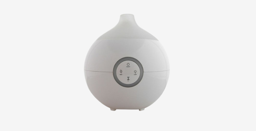 White spherical aroma diffuser with a circular front control panel on the front.