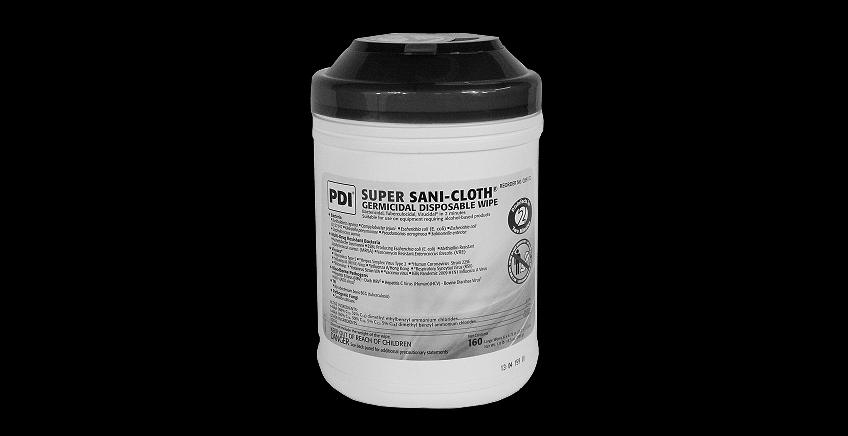 PDI Super Sani-Cloth germicidal disposable wipe canister with black lid.