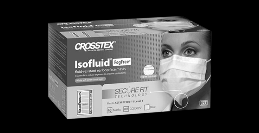 Box of Crosstex Isofluid FogFree fluid-resistant earloop face masks, 40-count, shown with a person wearing a mask nearby.