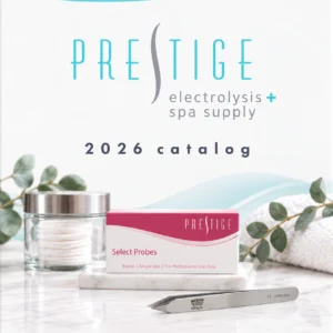 Product display featuring Prestige Select Probes packaging on a white marble surface with a stainless steel instrument in the foreground and a blue/teal branded backdrop.