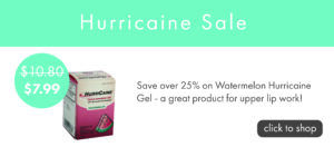 Promotional banner featuring Hurricaine topical anesthetic in watermelon flavor