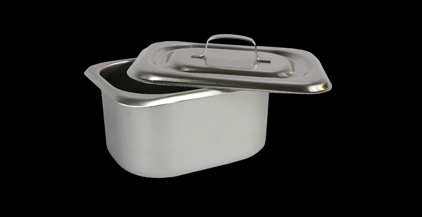 Stainless steel storage container with a hinged lid on a black background.
