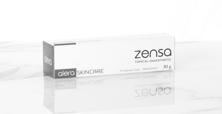 Box of Zensa topical anaesthetic by Alera Skincare on a white reflective surface.