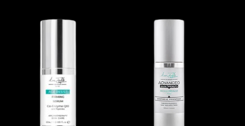 Two silver-capped cosmetic bottles against a black background, white labels with teal accents (skincare serums).