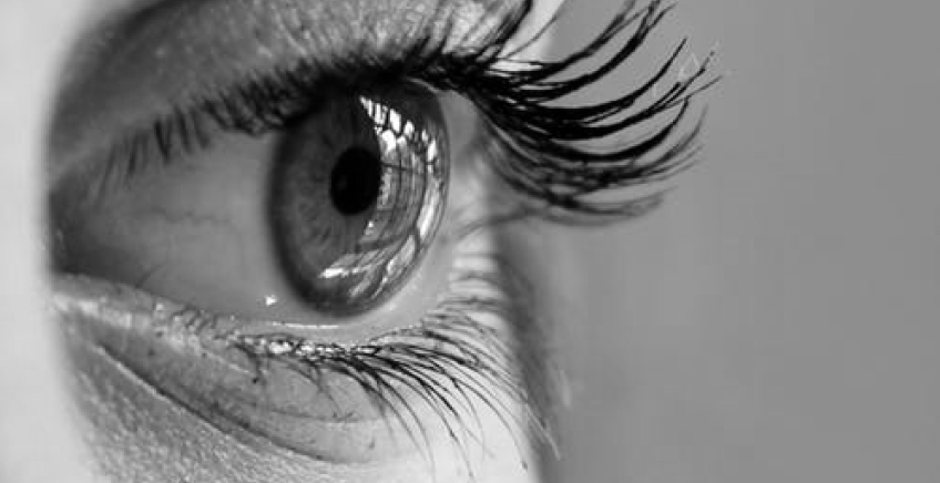 Close-up of a human eye in grayscale, showing the iris, pupil, and long eyelashes.