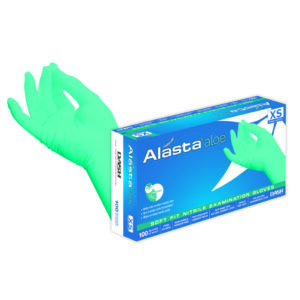 Product photo showing a box of Dash-brand Alasta with Aloe gloves in size extra small, with a hand modeling the glove on the left