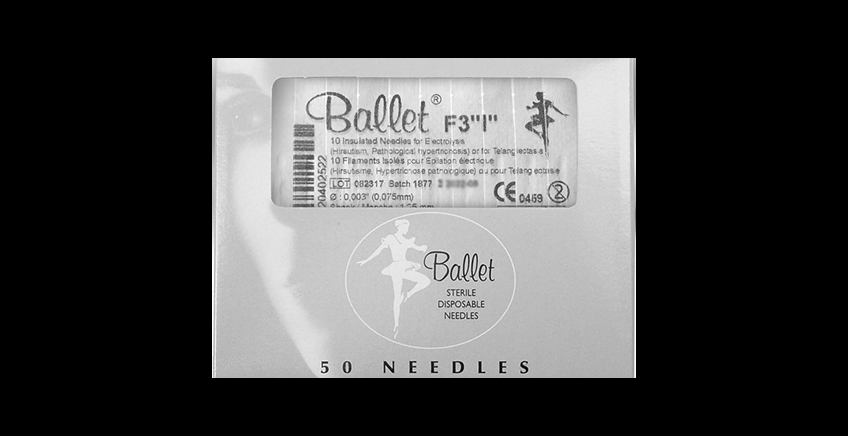 Packaging for Ballet sterile disposable needles, featuring a ballerina logo and the label '50 NEEDLES'.