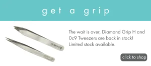 Banner showing diamond grip tweezers, which are back in stock