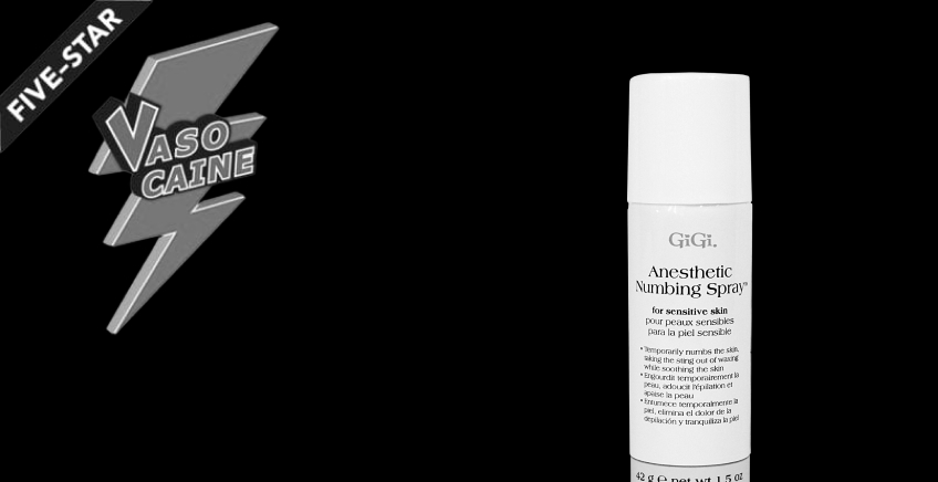 Left: a metallic logo with the words 'Five-Star' and 'Vasocaine' over a stylized lightning bolt; right: a white GiGi Anesthetic Numbing Spray canister labeled 'for sensitive skin' against a black background.