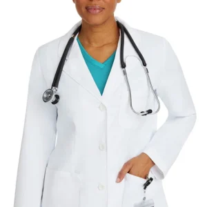 A professional woman wearing a white lab coat and a stethoscope around her neck