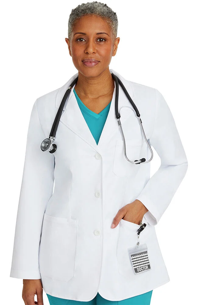 A professional woman wearing a white lab coat and a stethoscope around her neck