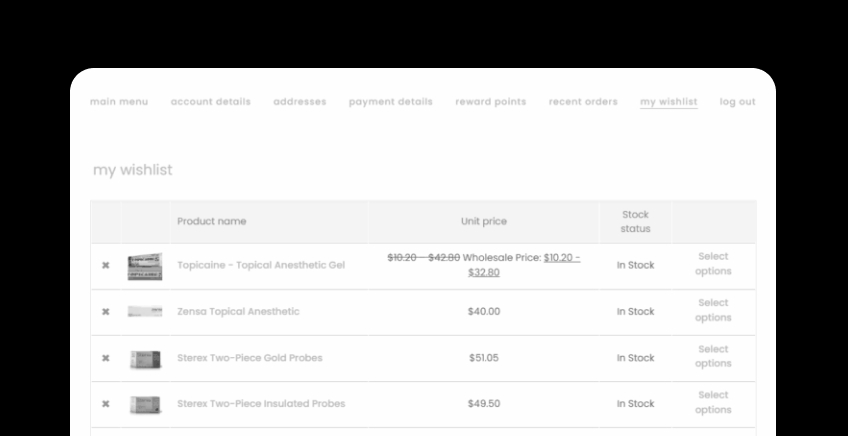 Wishlist page showing a list of products with names, unit prices, stock status, and options to select; includes a top navigation menu and a light gray table layout on a white background