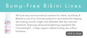 Promo banner: text 'Bump-Free Bikini Lines' with a white spray bottle on the left and a 'click to shop' area on the right.