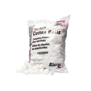 Bag labeled Cotton Balls with white cotton balls spilling out in front, against a black background.