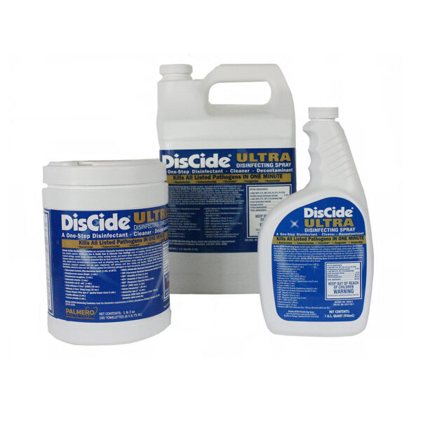Three white DisCide Ultra disinfecting containers arranged together on a white background, front labels visible.