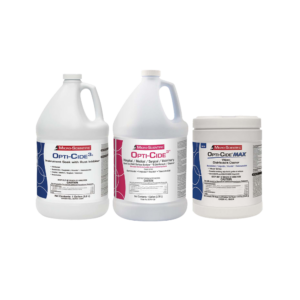 Three white Opti-Cide cleaning containers: two gallon jugs with blue/pink accents and a third Opti-Cide MAX wipes tub, all on a black background.