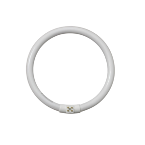 White circular LED ring light with a plug-in connector at the base, used for photography and video lighting.