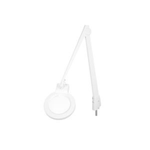 White adjustable desk lamp with a circular ring light on an articulating arm and clamp base