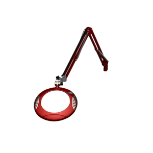 Red circular magnifier with an adjustable red-and-black arm, used for detailed inspection.