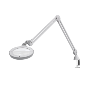 White adjustable magnifying lamp with a circular lens on a dual-arm boom and a clamp attachment for a desk or workstation