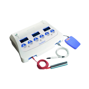 Four-channel electrotherapy unit with digital displays and connected cables for physical therapy.