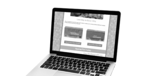 Open laptop displaying a grayscale promotional flyer with two product images and CTA buttons on a patterned background edge.
