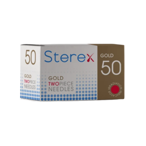 Sterex Gold 50 two-piece needles box with blue dotted design on white panel and brown side panel