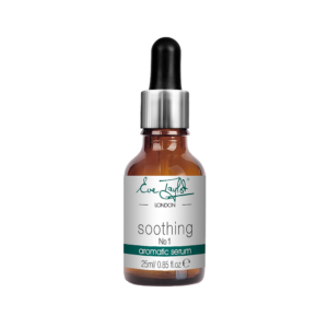 Brown glass dropper bottle of Eve Taylor London Soothing Aromatic Serum, 25 ml, against a black background