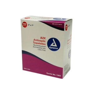 Box of Dynarex BZK antiseptic towelettes, 100 packets, white with magenta accents and blue logo on front.
