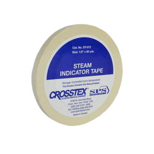 Beige roll of steam indicator tape with a blue-and-white label reading 'STEAM INDICATOR TAPE' and Crosstex SPS Medical branding.