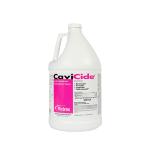 White gallon bottle of CaviCide surface disinfectant with pink label brand Metrex, used for cleaning and sanitizing surfaces.