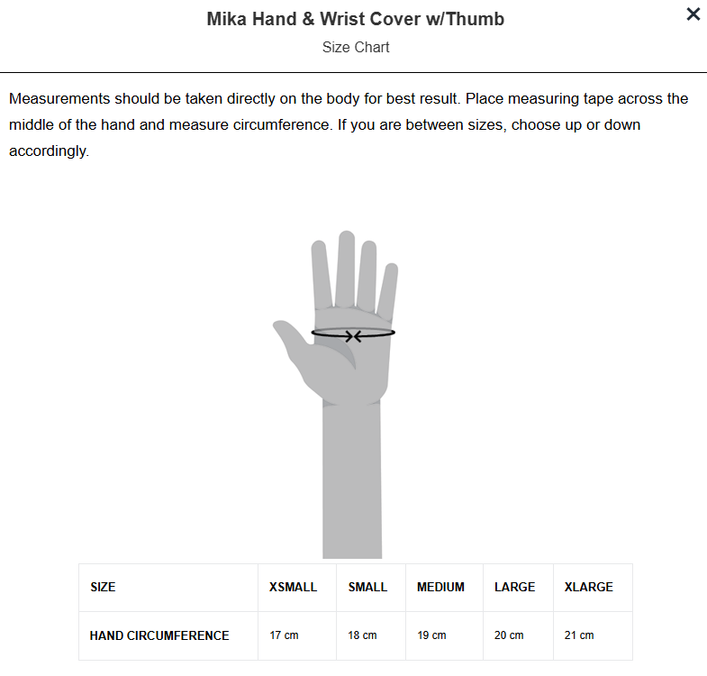 Size chart for Mika Hand & Wrist Cover with Thumb showing how to measure hand circumference around the midhand; sizes XS-XL with circumferences 17–21 cm.