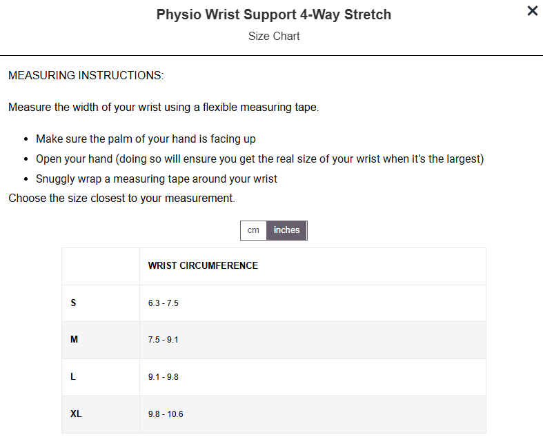 Physio Wrist Support 4-Way Stretch size chart with S–XL wrist circumference ranges.