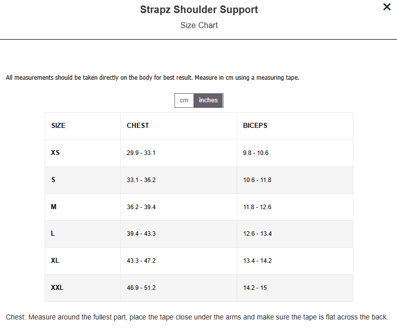 Strapz Shoulder Support size chart with chest and biceps measurements in inches for XS to XXL; unit switch and measuring tips included.