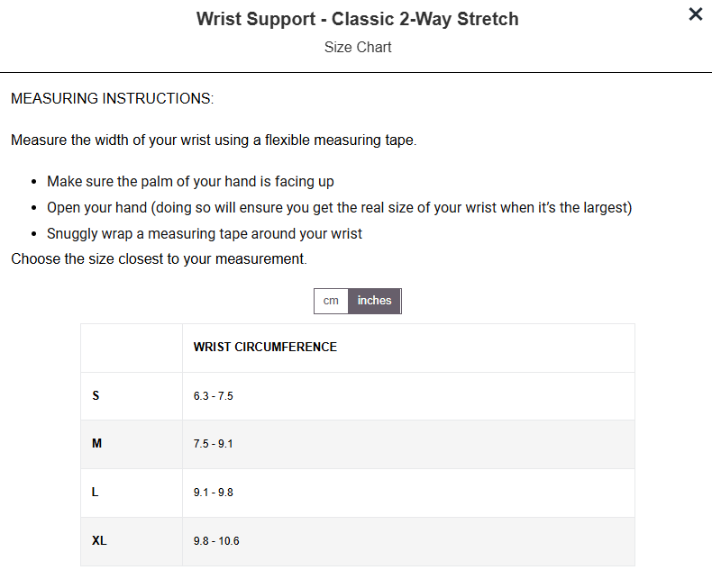 Wrist Support Classic 2-Way Stretch size chart with measuring instructions and a S–XL wrist circumference table.