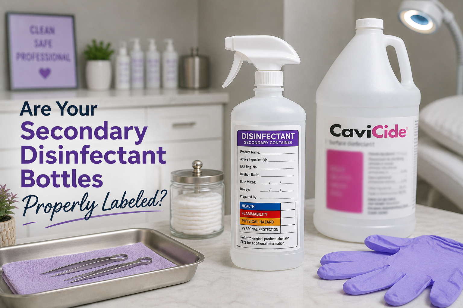 Text reads Are your secondary disinfectant bottles properly labeled? and shows an electrologists workplace with a secondary disinfectant container as well as other tools and tweezers